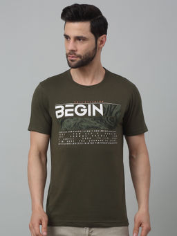 Cantabil - Men Olive Green Typography Round Neck Half Sleeves T-Shirt