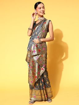 Sareemall - Silk Blend Grey Woven Design Celebrity Saree With Unstitched Blouse