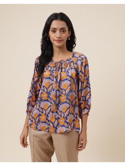Fabindia - Blue Rayon Blend Hand Block Printed Top