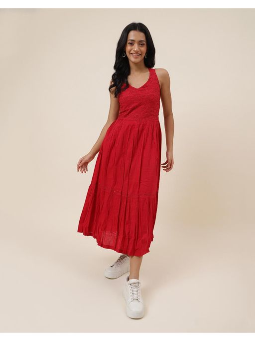 Buy Fabindia Red Cotton Chikankari Midi Dress Online