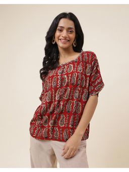 Fabindia - Red Rayon Blend Printed Top