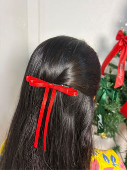 Arendelle - Christmas Satin Silk Ribbon Long Tail Petite Hair Bow In Red for Girls