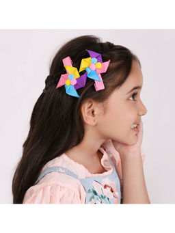Arendelle - Grosgrain Ribbon Colourful Pom Pom Pinwheel Hair Clip Pair for Girls