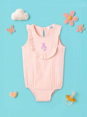Nautinati Girls Peach Cotton-Crepe Dress with Floral Brooch