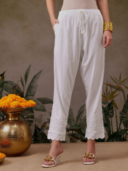 ADA - Hand Embroidered White Lycra Lucknowi Chikankari Pant