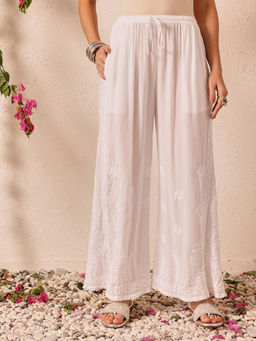 ADA - Women Ethnic Motifs Embroidered Wide White Modal Palazzo