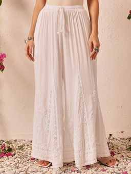 ADA - Women Ethnic Motifs Embroidered Wide White Modal Palazzo