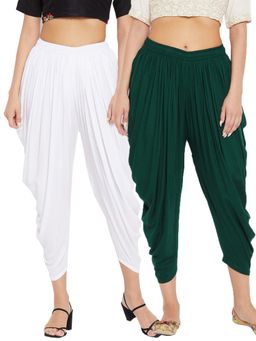 Clora Creation - White and Bottle Green Solid Rayon Dhoti (Pack of 2)