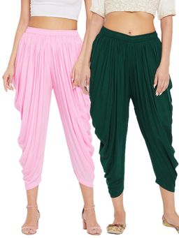 Clora Creation - Pink and Bottle Green Solid Rayon Dhoti (Pack of 2)