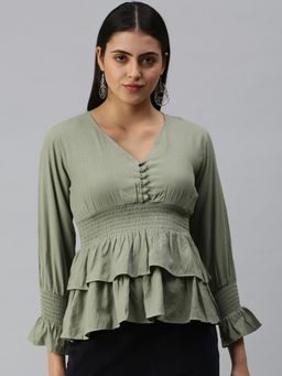 SHOWOFFFF - Women V-Neck Bell Sleeves Self Design Olive Top