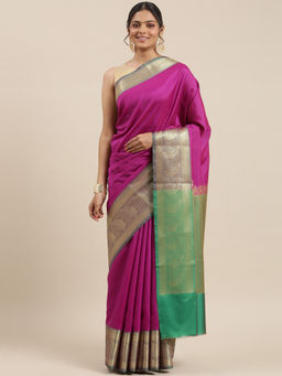 Banarasi Silk Works - Magenta Valkalam Katan Silk Anchal Saree with Unstitched Blouse