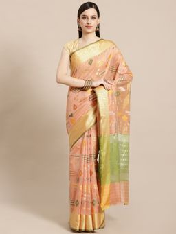 Banarasi Silk Works - Mulberry Woven Saree Peach with Unstitched Blouse