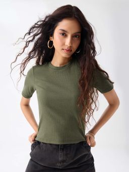 The Souled Store - Olive Solid Regular Fit T-Shirt