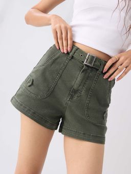 The Souled Store - Originals Fern Green Women Denim Shorts with Belt