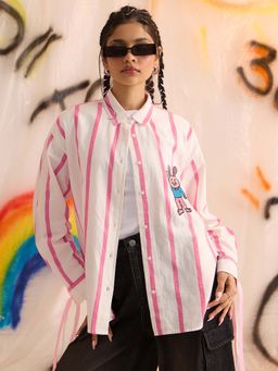 The Souled Store - Pink Stripes Clover Bunny Women Oversized Shirt