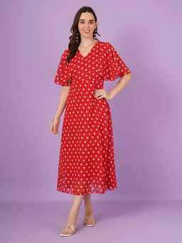 Curvydrobe - Women Red Polka Dot Print Midi A Line Dress
