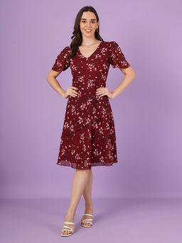 Curvydrobe - Maroon Floral Print A Line Dress
