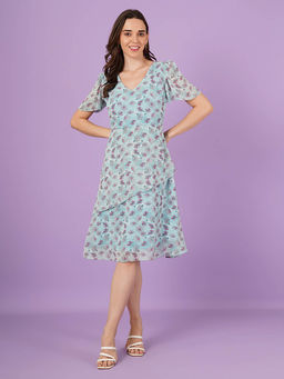 Curvydrobe - Turquoise Floral Print A Line Dress