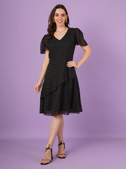 Curvydrobe - Women Black Polka Dot Print A Line Dress
