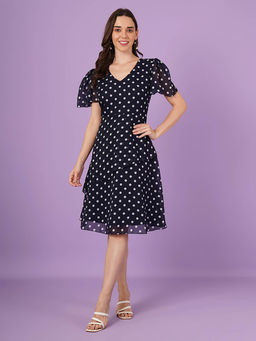 Curvydrobe - Women Navy Blue Polka Dot Print A Line Dress