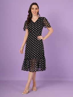 Curvydrobe - Women Black Polka Dot Print Fit And Flare A Line Dress