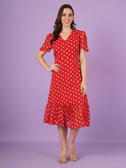 Curvydrobe - Women Red Polka Dot Print Fit And Flare A Line Dress