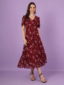Curvydrobe - Maroon Floral Print Midi A Line Dress