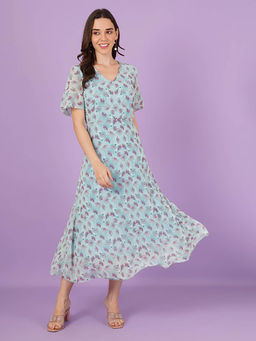 Curvydrobe - Turquoise Floral Print Midi A Line Dress