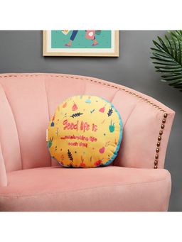 HomeTown - Good Life Reversible Celebration Digital Printed Shaped Cushion 38x38 Cm in Yellow Colour
