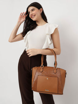 Fastrack - Women Tan Croco Textured Satchel with Detachable Sling Strap Fits Upto 11" iPad or Tablet