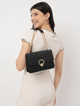 Fastrack - Black Quilted Structured Sling Bag for Women with Unique Push Lock