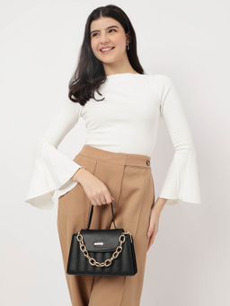 Fastrack - Black Pu Quilted Structured Sling Bag with Golden Chain Accent for Women