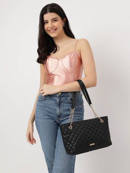Fastrack - Black Pu Structured Quilted Tote Bag with Chain Shoulder Straps