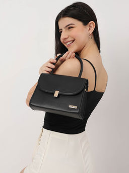 Fastrack - Black Solid Pu Structured Handbag for Women with Detachable Strap