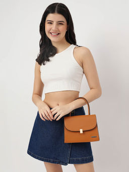 Fastrack - Tan Solid Pu Structured Bag for Women with Detachable Strap with Button Closure