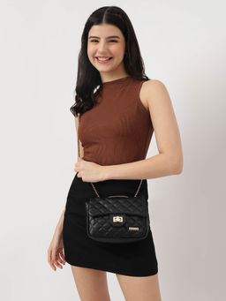 Fastrack - Black PU Structured Quilted Sling Bag For Women