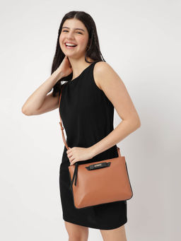 Fastrack - Tan PU Structured Sling Bag For Women With Bow Detail