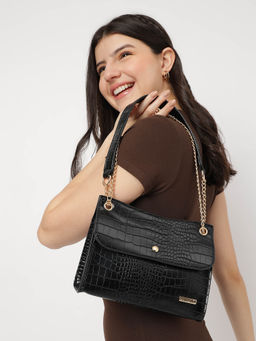 Fastrack - Black Croco Textured Structured Shoulder Bag For Women