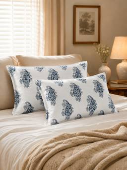The Home Story - 100% Cotton Pillow Covers - White & Blue Indigo Paisley (Pack of 2)