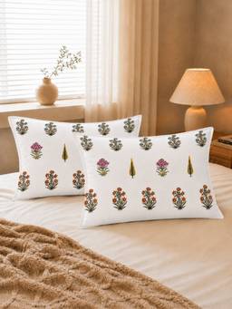 The Home Story - 100% Cotton Pillow Covers - White Amber Meadow (Pack of 2)