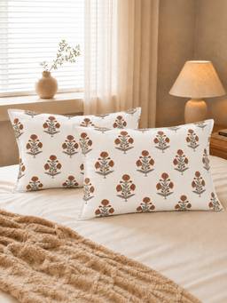 The Home Story - 100% Cotton Pillow Covers - White & Mustard Rustic Bloom (Pack of 2)