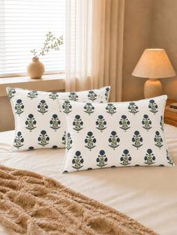 The Home Story - 100% Cotton Pillow Covers - White & Navy Blue Indigo Essence (Pack of 2)