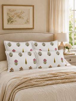 The Home Story - 100% Cotton Pillow Covers - White Amber Meadow (Pack of 4)