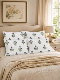 The Home Story - 100% Cotton Pillow Covers - White & Navy Blue Indigo Essence (Pack of 4)