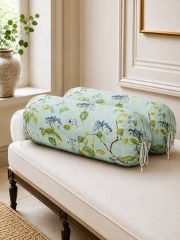 The Home Story - Cotton Morning Mist Round Bolster Cover - Green (Pack of 2)