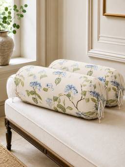 The Home Story - Cotton Champagne Garden Round Bolster Cover - Beige & Green (Pack of 2)