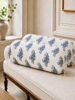 The Home Story - Cotton Indigo Paisley Round Bolster Cover - White & Blue (Pack of 2)