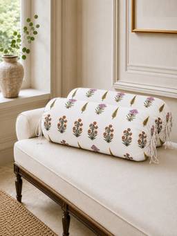 The Home Story - Cotton Amber Meadow Round Bolster Cover - White (Pack of 2)