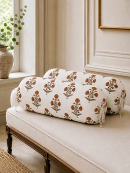 The Home Story - Cotton Rustic Bloom Round Bolster Cover - White & Mustard (Pack of 2)