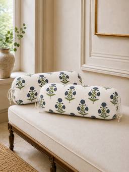 The Home Story - Cotton Indigo Essence Round Bolster Cover - White & Navy Blue (Pack of 2)